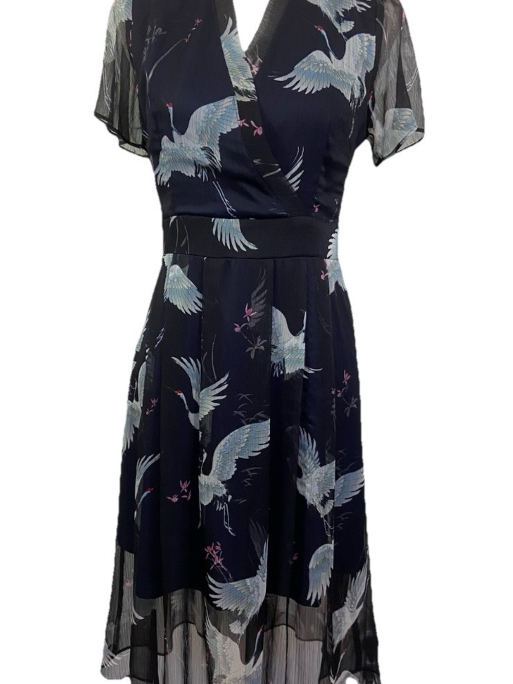 Metisu Japanese Crane Silk Dress Blue Fit & Flare Surplus Sz L Feminine Unique - Picture 2 of 12